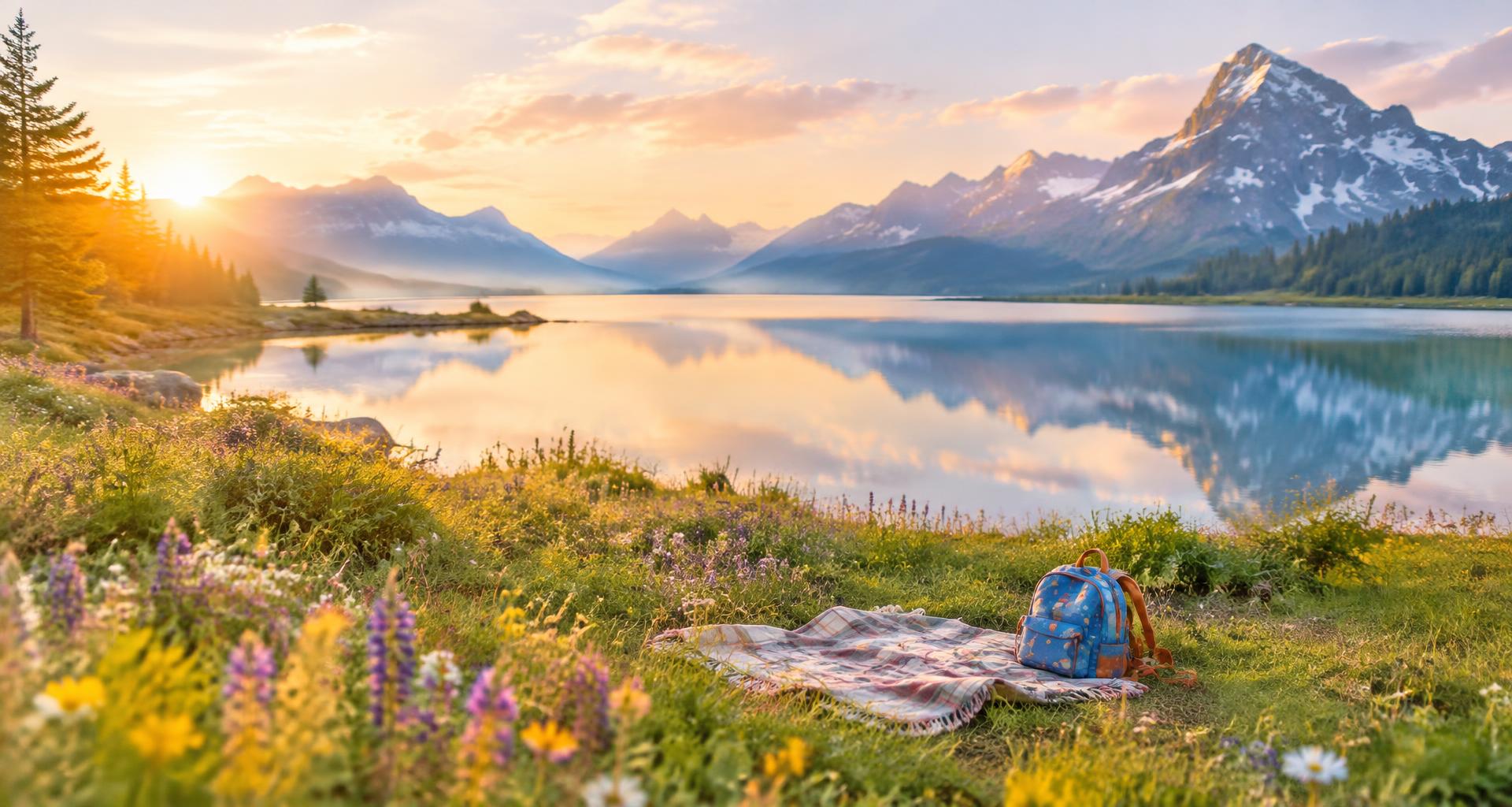 Picknickdecke und Kinderrucksack an einem Bergsee in den Alpen